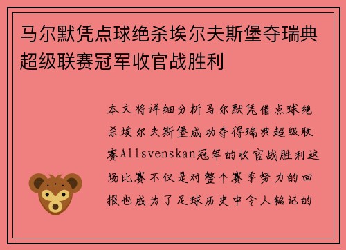 马尔默凭点球绝杀埃尔夫斯堡夺瑞典超级联赛冠军收官战胜利